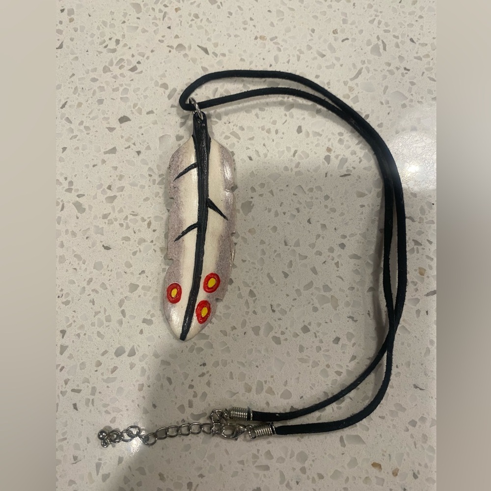Hand painted Feather Pendant Necklace ( bone or wood ) Indigenous